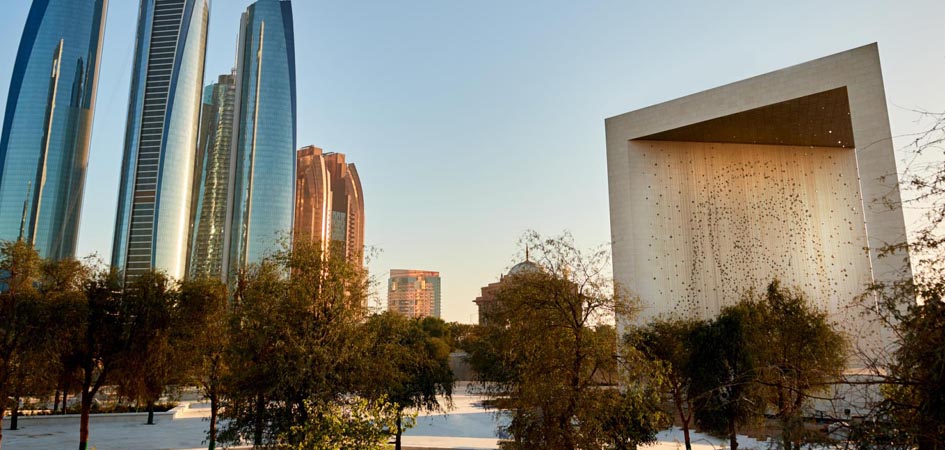 Founders memorial with Etihad towers in the background.