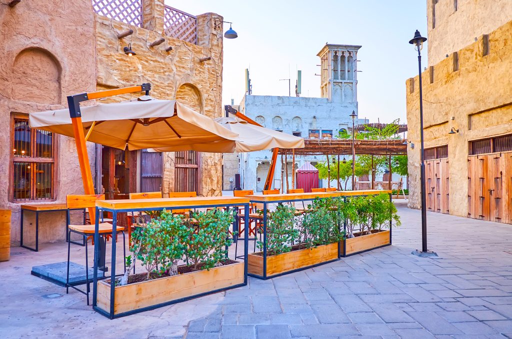 Outdoor terrace of cafe in Al Seef, Dubai, UAE