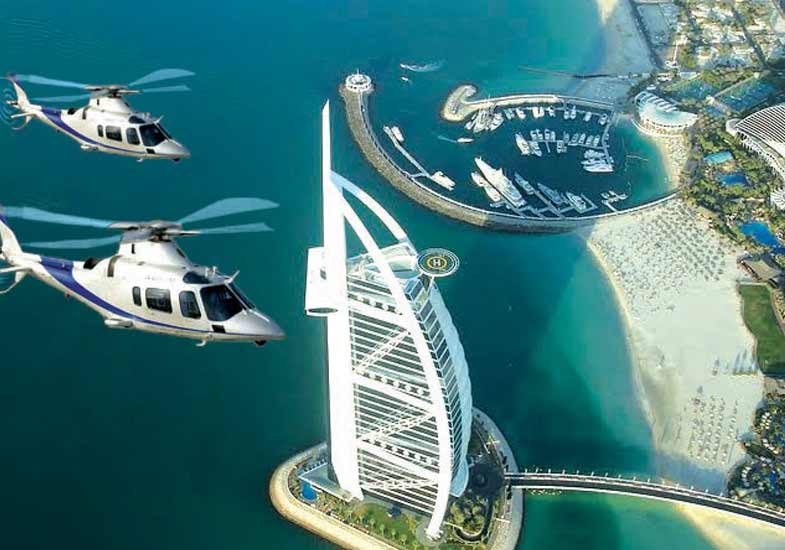 Breathtaking view of the iconic structures Burj Al Arab and Burj Khalifa from the sky